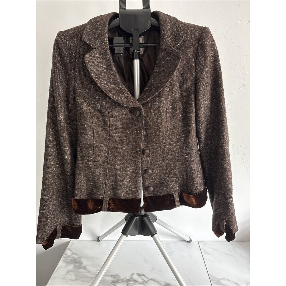 Nanette Lepore Y2K Tweed Wool Blend Velvet Trim Blazer Jacket 10 Made in USA
